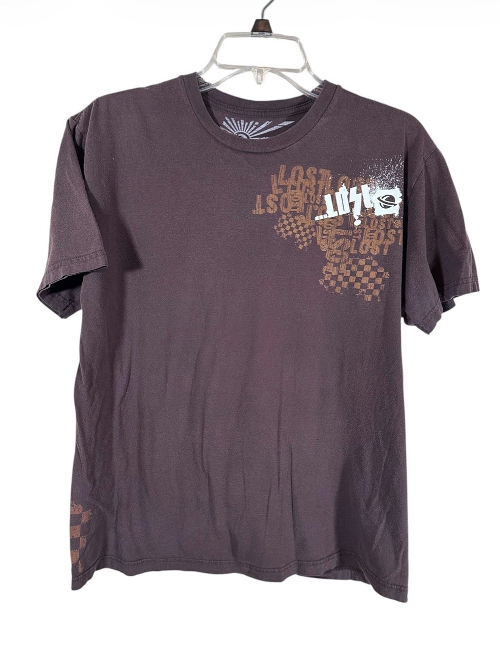 Lost Y2K checkered brown skate t shirt men’s medium slim fit